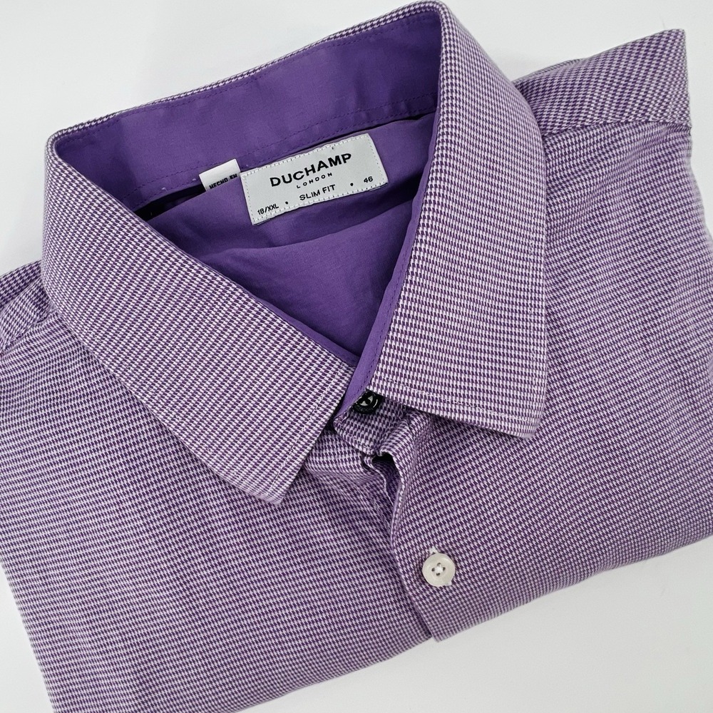 Duchamp London Men's‎ Dress Shirt 18 XXL 46 Purple Check Slim Fit Stretch Cotton